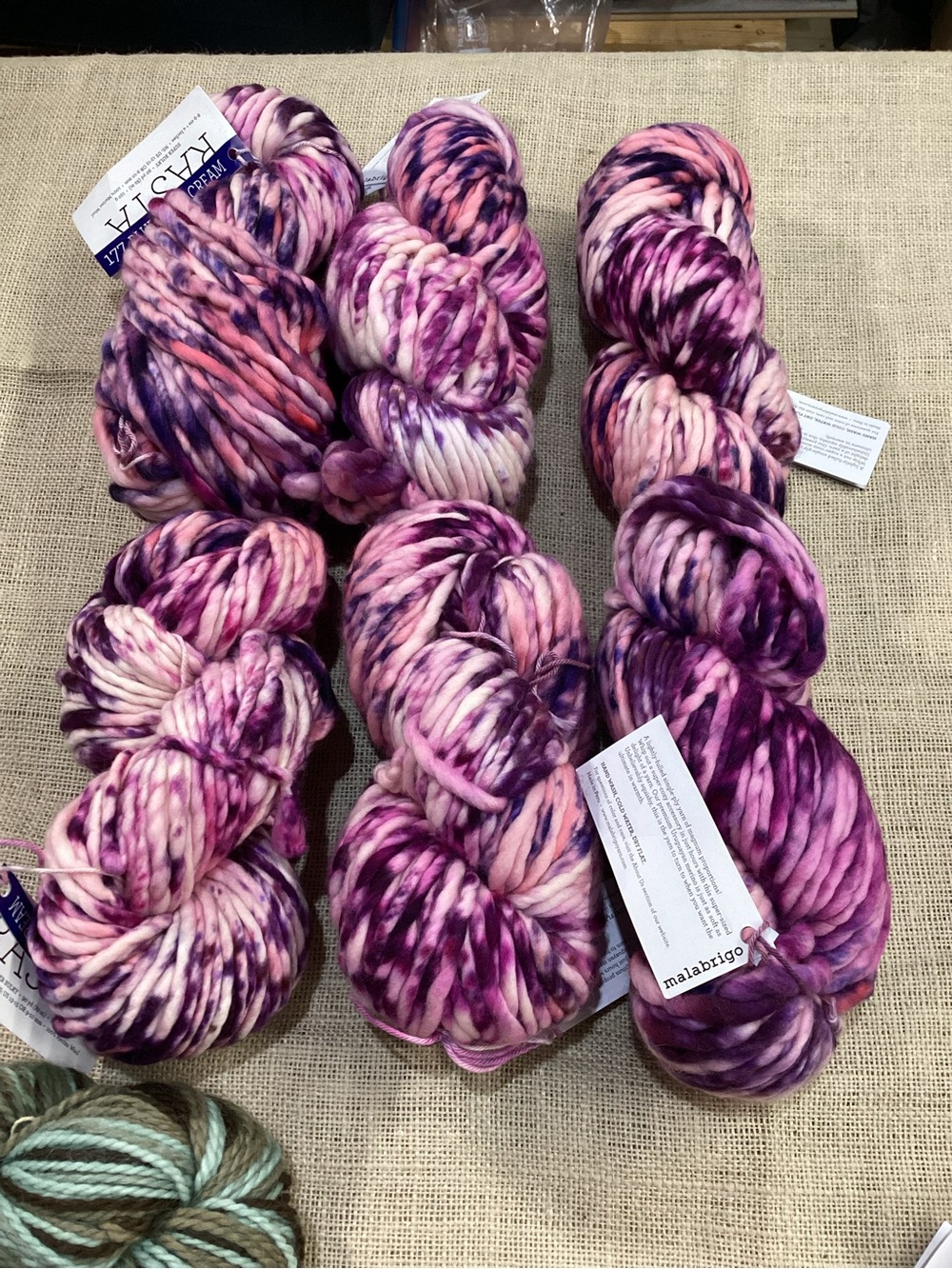 6 hanks of malabrigo Rasta yarn in colorway blueberry cream
